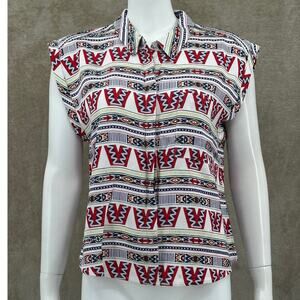 Eleven Paris Top Womens 42 White Aztec Stripe Geometric Cap Sleeves Southwestern